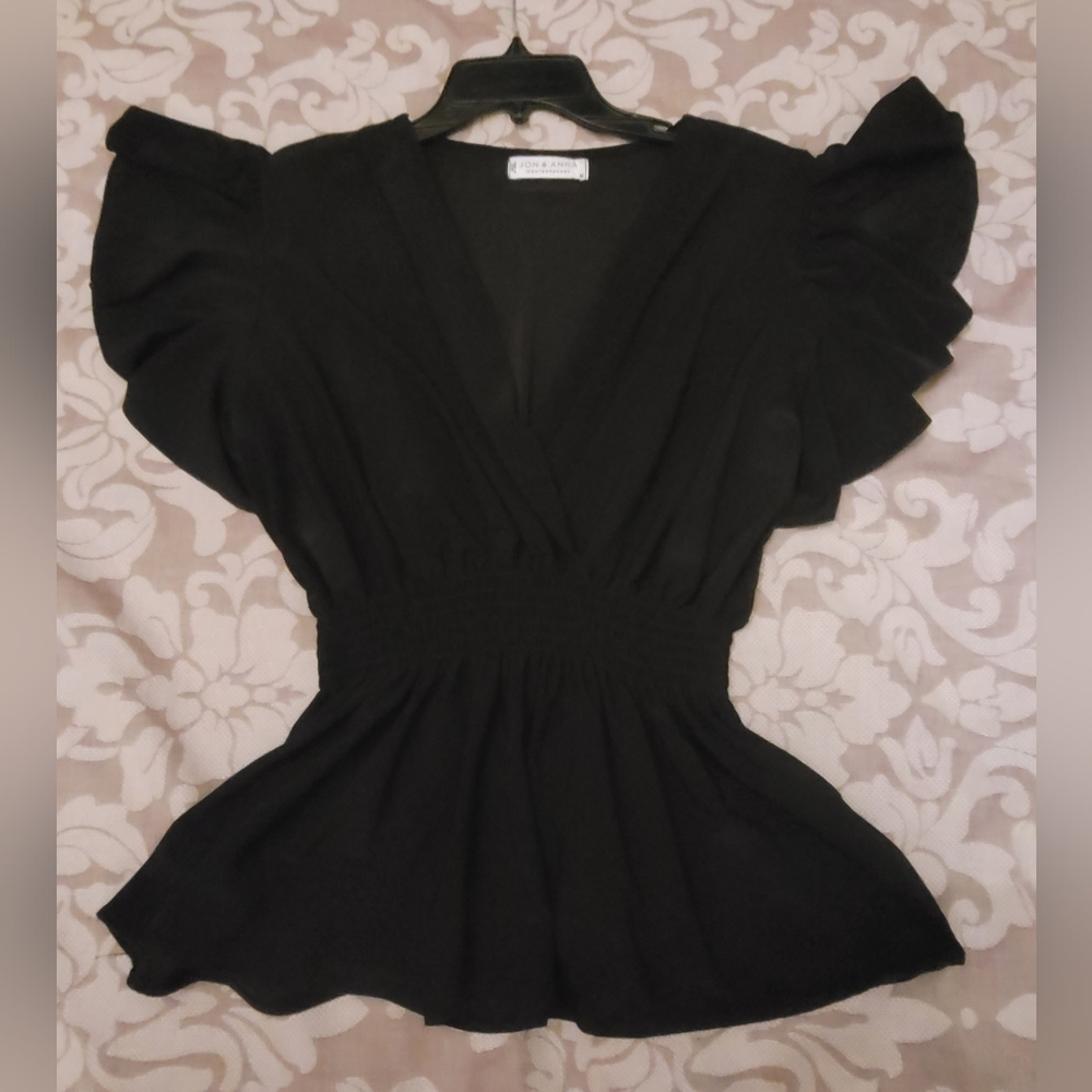 Jon and Anna Black V-Neck Ruffled Sleeve Women's Top With Smocked Waist